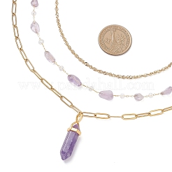 Natural Amethyst Double Terminated Pointed Bullet Pendant 304 Stainless Steel & Brass Chain 3 Layer Necklaces for Women&nbsp;NJEW-JN05477-01
