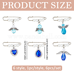 6個 6スタイル 合金&ABSプラスチック パール&ガラス ブローチ  鉄パーツ  天使と涙とハート  プラチナ  36~42mm  1個/スタイル&nbsp;JEWB-FH00037