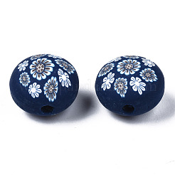 手作り樹脂粘土ビーズ  ジュエリー工芸用品のDIY用  花付きフラットラウンド  プルシアンブルー  12x8.5mm  穴：1.6mm&nbsp;CLAY-N008-026B