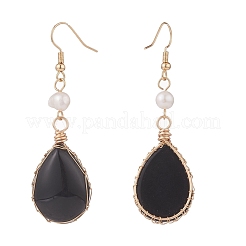 Natural Obsidian Teardrop Dangle Earrings with Natural Pearl&nbsp;EJEW-JE04850-02