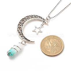 Natural Green White Jade Bullet with Alloy Moon and Star Pendant Necklace&nbsp;NJEW-JN03912-05