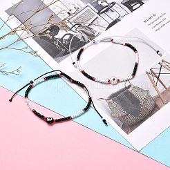 調節可能な丸いガラスシードビーズブレスレット  樹脂ビーズで  ナザールボンジュウ付きフラットラウンド  ミックスカラー  内径：2-1/8インチ（5.5~9.5cm）  2個/セット&nbsp;BJEW-JB06644