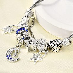 合金ヨーロッパビーズチャームブレスレット  女性用スネークチェーンブレスレット  星と月と心  ポリマークレイラインストーンとシリコンビーズ付き  鉛フリー＆カドミウムフリー  プラチナ  7-1/2インチ（19.2cm）&nbsp;BJEW-F495-20P
