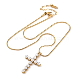 PVD 真空メッキ 304 ステンレススチール & プラスチック パール クロス ペンダント ラウンド スネーク チェーン ネックレス 女性用  長持ちメッキ  ゴールドカラー  15.83インチ（40.2cm）&nbsp;STAS-Z114-20G