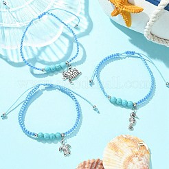 3 個 3 スタイルのカメ & タツノオトシゴ合金チャーム ブレスレット セット  合成ターコイズ編み込み調節可能なブレスレット  内径：2~3-1/8インチ（5~8cm）  1個/スタイル&nbsp;BJEW-JB09523
