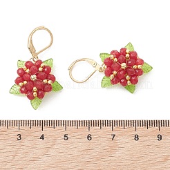 バレンタインデーの花、天然マレーシア翡翠とガラスシードビーズのフレンチフックピアス  アクリルと  ゴールドカラー  ファイヤーブリック  35~37x23mm&nbsp;EJEW-MZ00700-02