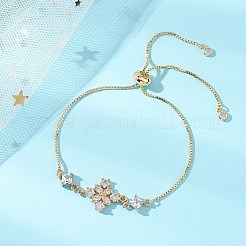 調節可能な真鍮製スライダーリンクブレスレット  花  真鍮パヴェキュービックジルコニアチャーム付き  ゴールドカラー  10.28インチ（26.1cm）&nbsp;BJEW-JB13038