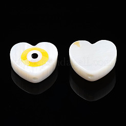 天然淡水シェルビーズ  エナメル  ナザールボンジュウ付きハート  きいろ  9~10x9.5~11x4mm  穴：0.8mm&nbsp;SHEL-N003-21D