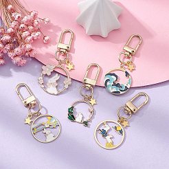 中国風の合金エナメルペンダント装飾  回転式ナスカン付き  ウサギとフラットラウンド  ミックスカラー  61~65mm  5個/セット&nbsp;HJEW-JM01091