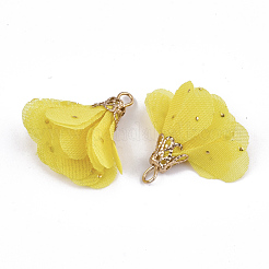 アイアン製ペンダント  シフォン付き  花  ゴールドカラー  きいろ  23~28x20~30mm  穴：1~3mm&nbsp;FIND-T033-05M