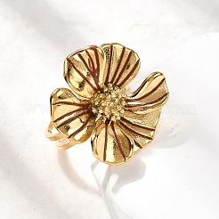 304ステンレススチールオープンカフリング  花  イオンプレーティング（ip）  18KGP本金メッキ  25x24mm  内径: 調節可能&nbsp;RJEW-K248-20G