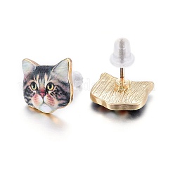 Real 14K Gold Plated Alloy Kitten Stud Earrings&nbsp;EJEW-G148-01G-06