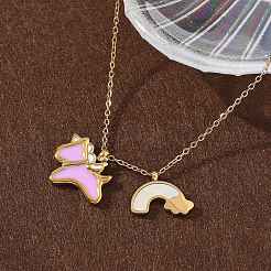 304 Stainless Steel Pearl Pink Enamel & Natural White Shell Pendant Unicorn Rainbow Pendant Necklaces for Women&nbsp;NJEW-M101-02G