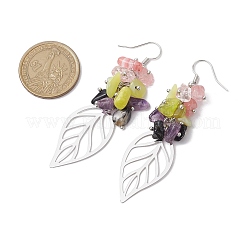 Leaf 201 Stainless Steel Natural Amethyst & Natural Lemon Jade & Natural Tourmaline & Synthetic Cherry Quartz Chip Dangle Earrings&nbsp;EJEW-JE06138-04