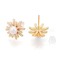 花の真鍮天然真珠スタッドピアス  925つのスターリングシルバーピン付き  18KGP本金メッキ  14mm&nbsp;PEAR-N020-06W