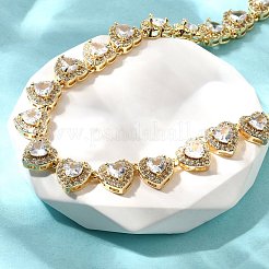Brass Clear Cubic Zirconia Heart Link Chain Necklaces for Women&nbsp;NJEW-H057-02G