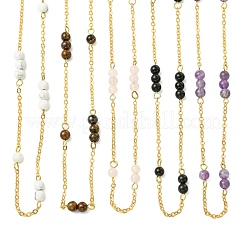 5MM Round Natural Mixed Stone Beads Brass Cable Chain Necklaces for Women&nbsp;NJEW-JN06378