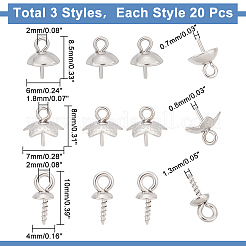 60個 3スタイル 304ステンレススチールカップパールペグベイルピンペンダント  片穴パーツ用  ステンレス鋼色  8~10x4~7mm  穴：1.8~2mm  ピン：0.7~1.34mm  20個/スタイル&nbsp;STAS-UN0029-69