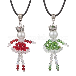 2Pcs 2 Colors Alloy Glass Beaded Christmas Doll Pendant Necklaces&nbsp;NJEW-MZ00135