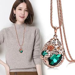 女性用フラワーティアドロップ合金ラインストーンペンダントネックレス  ローズゴールド  エメラルド  28.35インチ（72cm）&nbsp;FS-WG2D28B-01