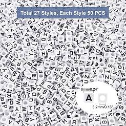 アクリルビーズ  不透明な  a～zの文字  キューブ  ホワイト  6x6x6mm  1350個/袋&nbsp;SACR-PH0007-11