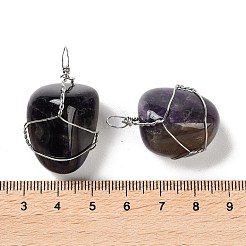 天然アメジスト銅線巻きペンダント  タンブルストーンのナゲットチャーム  プラチナ  31~37x14~34x13~23mm  穴：2~5x2~5mm&nbsp;G-G104-04A