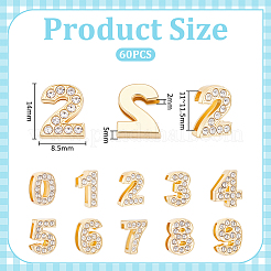 合金ラインストーンチャームセット60個  数字  ライトゴールド  14~15x8.5~12.5x5~5.5mm  穴：11~11.5x2mm&nbsp;FIND-UN0010-37KCG