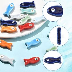 16個8色手作り磁器セラミックビーズ  魚  光沢釉の磁器  ミックスカラー  24~25x10x6mm  穴：2mm  2個/カラー&nbsp;PORC-FS0001-53