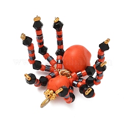 ハロウィーンをテーマにした染色された合成ターコイズとガラスシードビーズペンダント  スカルスパイダーチャーム  レッドオレンジ  32x32x18mm  穴：3x2.5mm&nbsp;PALLOY-MZ00774-04