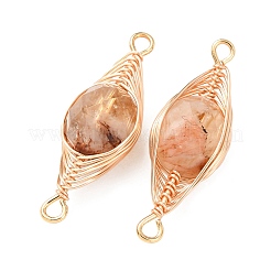 Heated Natural Yellow Quartz Faceted Flat Round Links Connector Charms with Copper Herringbone Wire-Wrapped&nbsp;KK-Z152-09G-03
