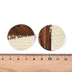 印刷された樹脂および木製のペンダント  花模様のフラットラウンドいチャーム  きいろ  35x2~3mm  穴：2mm&nbsp;WOOD-TAC0021-21A