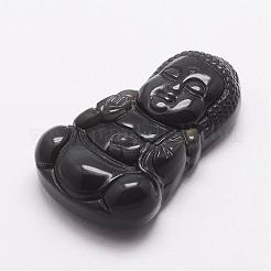 天然石アイスレインボーオブシディアン彫りペンダント  仏  ブラック  45x27x12mm  穴：1.5mm&nbsp;G-A169-053