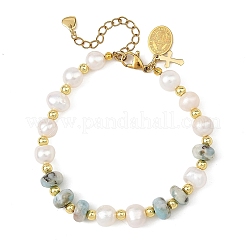 Rondelle Natural Larimar and Potato Natural Cultured Freshwater Pearl Beaded Bracelets&nbsp;BJEW-JB14435