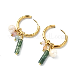 天然宝石と淡水パールのドロップピアス  202ステンレススチール製のハギーフープと真鍮製の金具付き  ゴールドカラー  ミックスカラー  48x8mm&nbsp;EJEW-JE07170