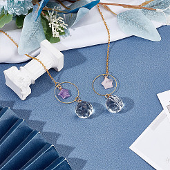 2Pcs Star Natural Rose Quartz & Amethyst & Glass Round Pendant Decoration&nbsp;HJEW-DR00183