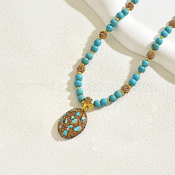 Vintage Ethnic Style Natural Turquoise Beaded Oval Oendant Necklaces for Women Party&nbsp;FE3293