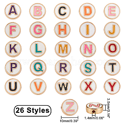 合金エナメルビーズ  フラットラウンド  カドミウムフリー＆鉛フリー  ミックスカラー  ライトゴールド  a～zの文字  10x3.5mm  穴：1.4mm  約26個/セット  1セット/箱&nbsp;ENAM-FH0001-08-RS