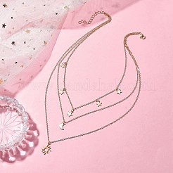 女性用真鍮3層ネックレス  ステンレススチールの星と月と太陽のペンダントネックレス  ゴールドカラー  15.71インチ（39.9cm）&nbsp;NJEW-JN04734-02