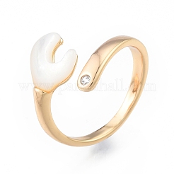 Natural Shell Heart Open Cuff Ring with Clear Cubic Zirconia&nbsp;RJEW-N039-09LG