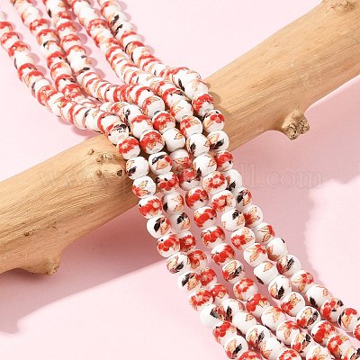 Handmade Flower Printed Porcelain Ceramic Beads Strands&nbsp;PORC-M005-6mm-06-1
