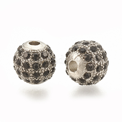 合金ビーズ  ラインストーン付き  ラウンド  ジェット  プラチナ  8x8mm  穴：1.5mm&nbsp;PALLOY-S066-02A-P-1