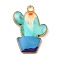 Alloy Enamel Pendants, Cactus Charm, Golden, Pale Turquoise, 23.5x16x2mm, Hole: 1.8mm