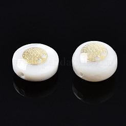 淡水シェルビーズ  ゴールドライン入り  ツリー付きフラットラウンド  ホワイト  8.5x3.5~5mm  穴：0.8mm&nbsp;SHEL-T018-20