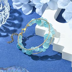 女性用スカイブルーラウンドキャットアイビーズ真鍮バングル  ゴールドカラー  内径：2-1/8インチ（5.5cm）  16mm&nbsp;BJEW-JB10741