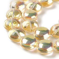 透明電気めっきガラス ビーズ 連売り  半分虹メッキ  フラットラウンド  きいろ  12x8mm  穴：1.2mm  約50個/連  24.41''（62センチメートル）&nbsp;EGLA-P049-01A-HP02