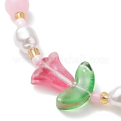 天然染色の黄翡翠とプラスチックの模造真珠の編み込みビーズブレスレット（女性用）  花  編組ナイロン糸で  ミックスカラー  内径：2.03~3.41インチ（5.15~8.65cm）&nbsp;BJEW-MZ00308