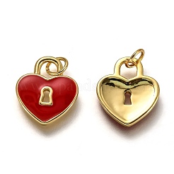 真鍮製エナメルペンダント  長持ちメッキ  18KGP本金メッキ  丸カン付き  ハートロック  レッド  15x13x1.8mm  穴：3.3mm&nbsp;KK-B026-18G