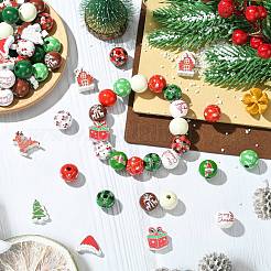 100 個 16 スタイルプリント木製ヨーロッパビーズ  大穴ビーズ  クリスマス模様テーマ  ミックスカラー  14.5~21.5x14~21x4.5~15mm  穴：1.6~4.5mm&nbsp;WOOD-CJ0002-55