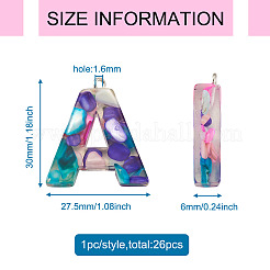 26個26文字透明エポキシ樹脂ペンダント  シェルスライスとプラチナアイアントーンループ付き  a～zの文字  30~31x9.5~35.5x6~8mm  穴：1.6mm  1個/文字&nbsp;CRES-TA0001-15