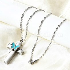 304 Stainless Steel Enamel Butterfly Cross Pendant Urn Ashes Necklaces&nbsp;NJEW-K393-03P
